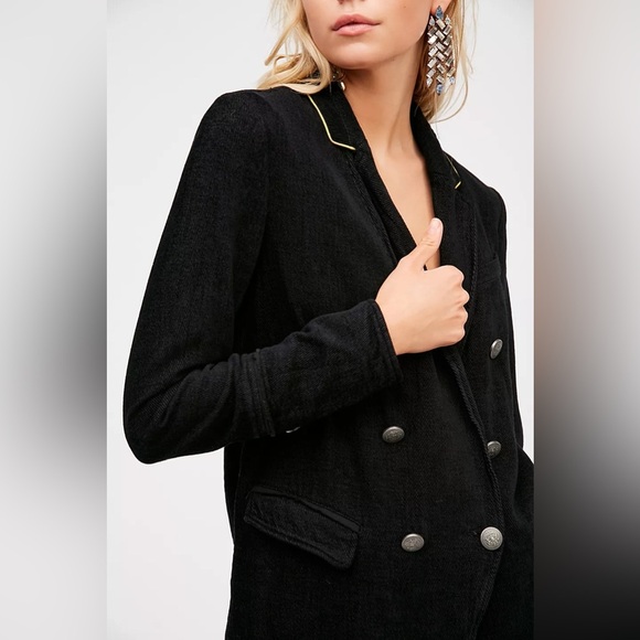 Free People Jackets & Blazers - Free People Long and Slim Chenille Black Military Style Buttoned Blazer Size XS